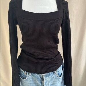 H&M Square Neck Black Ribbed Long Sleeve Sweater